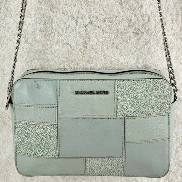 MICHAEL KORS Mint Green Patchwork Tiles Jet Set Camera Crossbody Bag Chain Strap - Picture 11 of 12